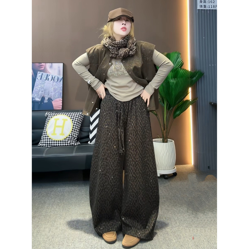 Diamond Kangjia 2026 Autumn New Heavy Craft Trendy Brand Full Rhinestone Leopard Print Scimitar Pants Wide-Leg Casual Pants 2-261066