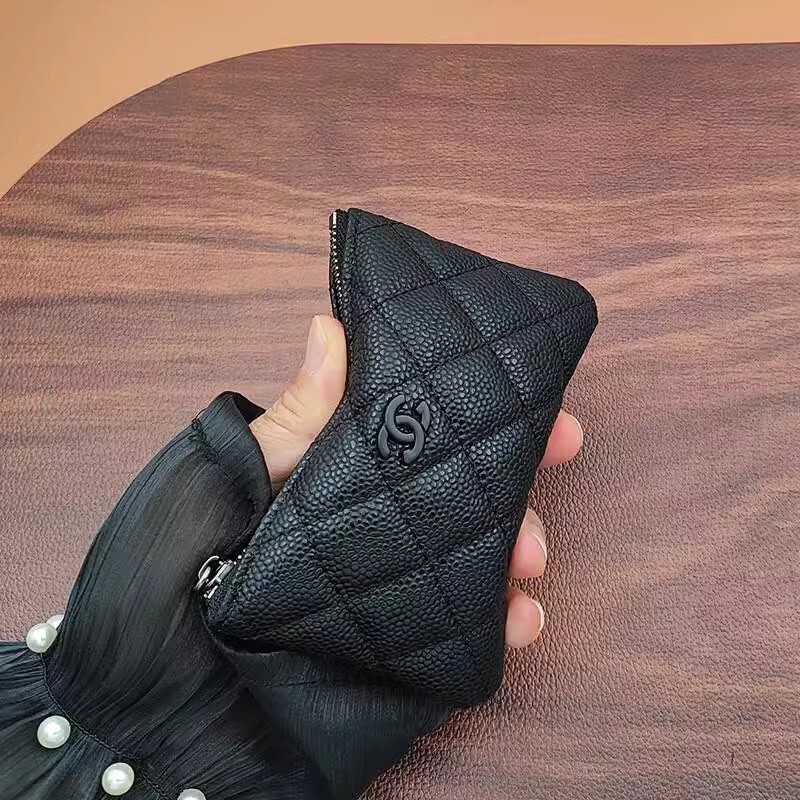 Genuine Leather Caviar Zipper Small Coin Purse 2025 New Model Women's Card Holder Keychain High-End Lipstick Compact Chanel Style