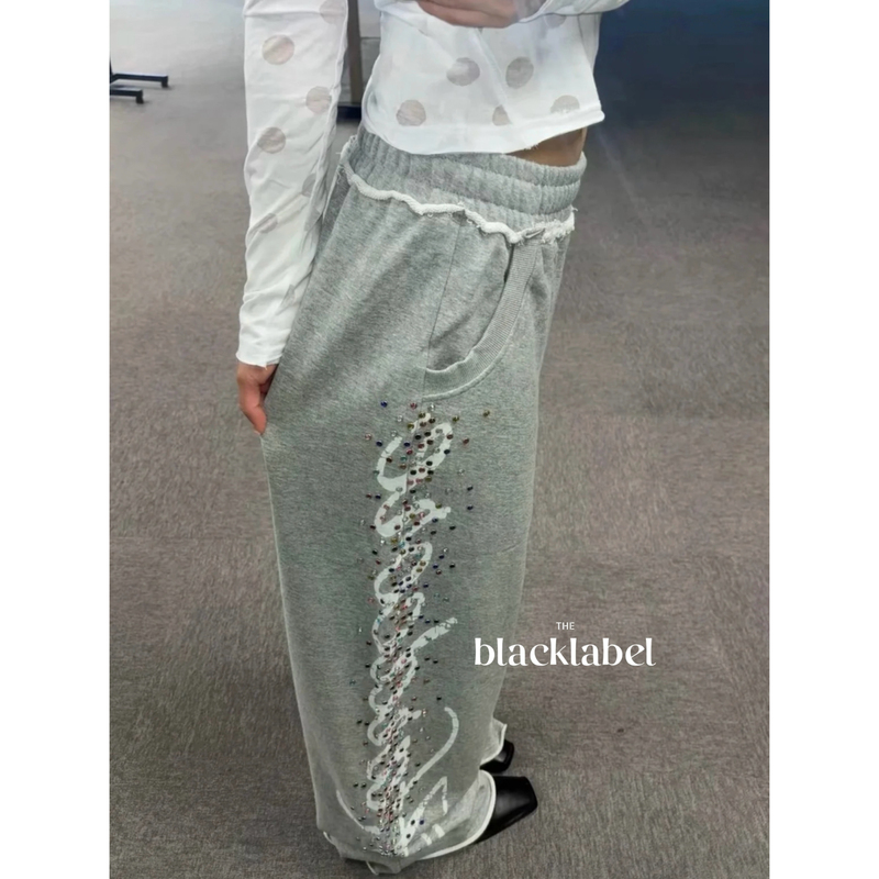 Heavy-Duty! Super Comfortable Magic Pants, Side-Stripe Rhinestone Casual Long Pants, Pure Cotton Loop Straight-Leg Sweatpants, New Autumn/Winter 26 Model
