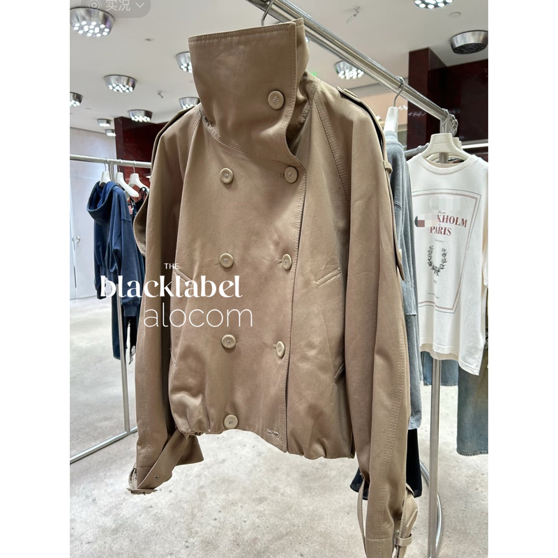 Yb Contrast ~ 26 Autumn and Winter New Style Logo Patch Hem Pleated Double-Breasted Jacket Short Coat Trench Coat