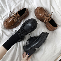 Thick soled small leather shoes female English winter 2021 new spring and autumn Brown retro round head lofo shoes plus velvet jk shoes