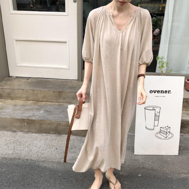 Modal Maternity Dress, Long Plus-Size Women's Clothing, Lantern Sleeves, Over-The-Knee Floor-Length Dress, Lazy Long T-Shirt Dress for Summer