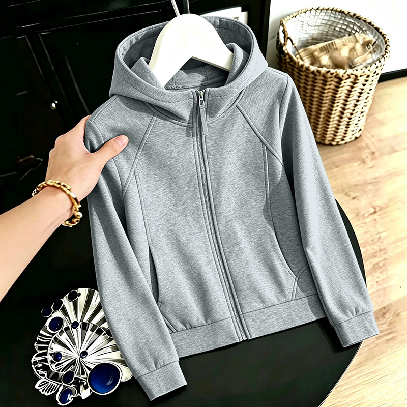 Enyw Women's Spring and Autumn Cardigan Sweatshirt Hooded Zipper Jacket Long-Sleeved Solid Color Slimming Versatile Warm Casual Top