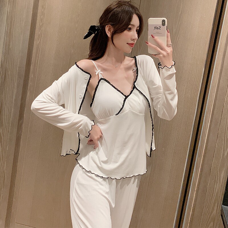 Goddess sexy three sets ~ pure desire wind S F Elizaba pure cotton pyjamas woman spring and autumn temperament long sleeve three sets