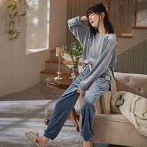 Sea salt blue ~ clear sky Wanna cry S F Elizaba sea island suede pyjamas woman autumn and winter long sleeves thin suede can be worn out