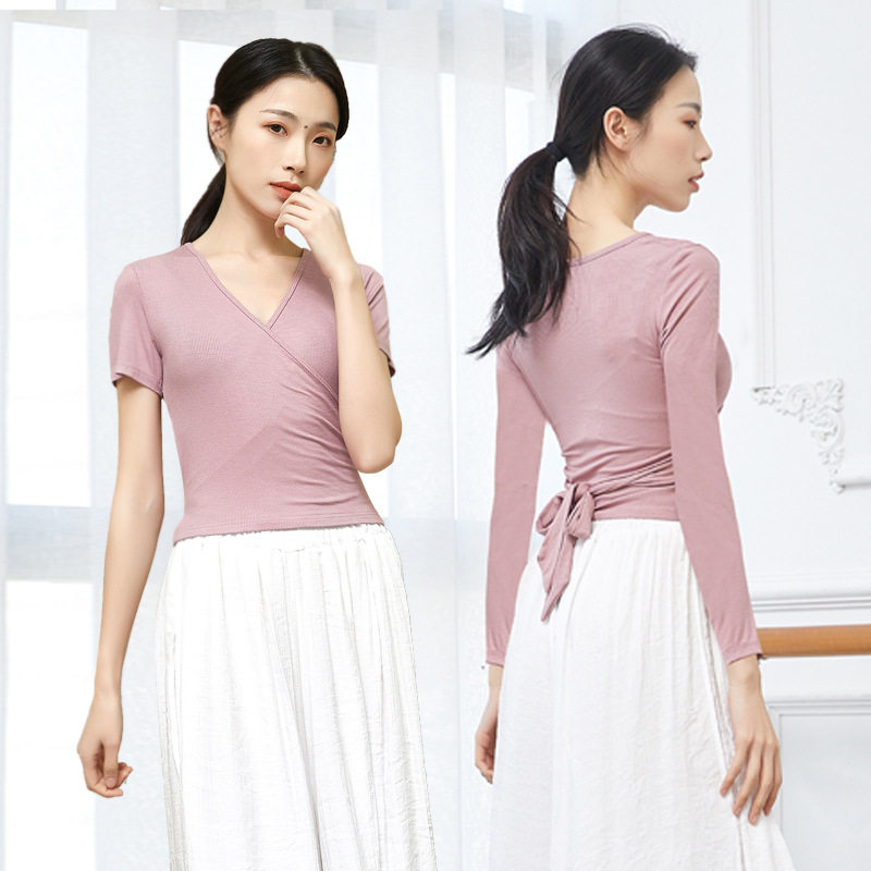 2020 Classical Dance Pink Short-sleeved Tops Body Rhyme Dress Slim V-neck Lace Training Suit Modern Dance Practice Suit
