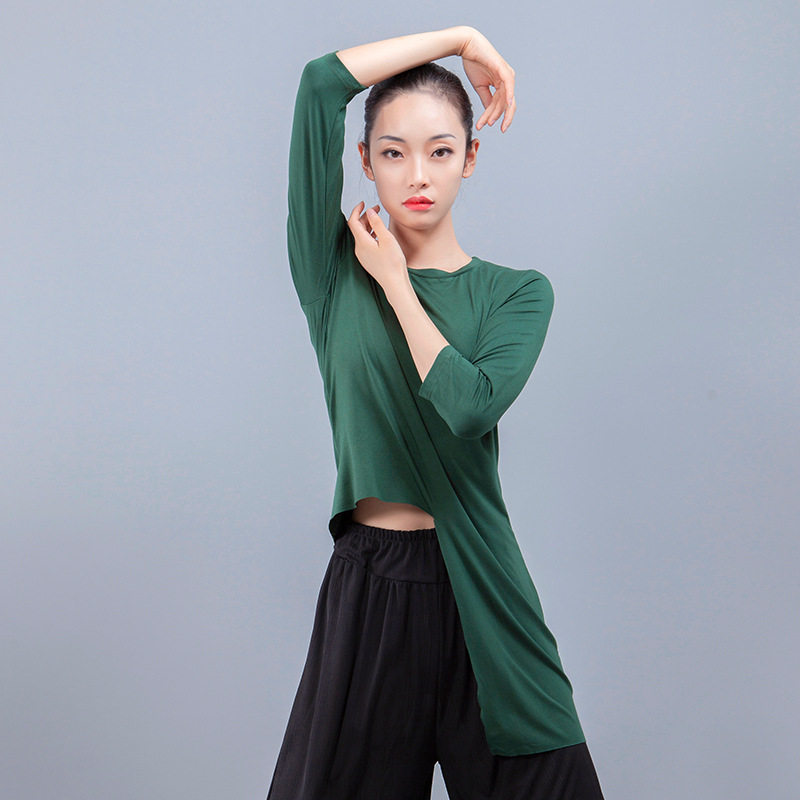 Modern dance training in female blouse with long version irregular body dance training suit girl dance T-shirt wine red black