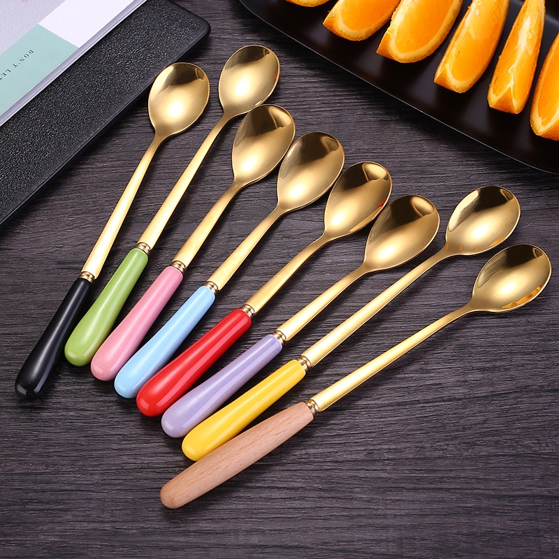 Ceramic long-handled spoon lengthened coffee stirring spoon exquisite stirring rod stainless steel milk seasoning Korean small spoon