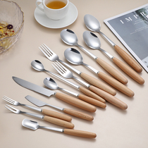 Household stainless steel beech handle spoon steak knife and fork Japanese chopsticks dessert spoon fruit fork full set of tableware