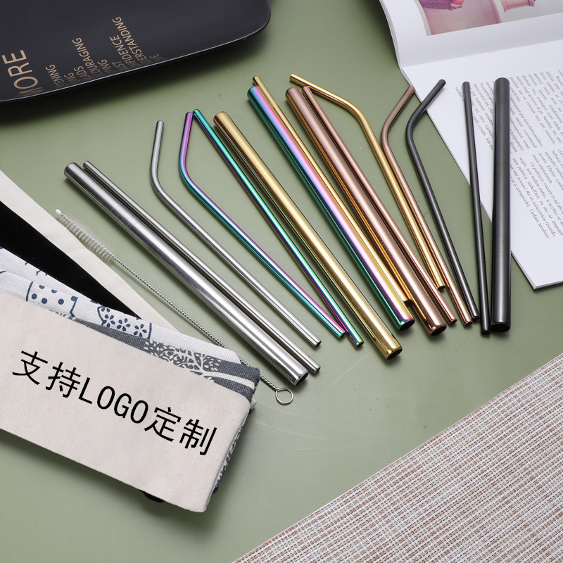 Portable stainless steel straw set ins pearl milk tea thick tube elbow beverage tube opening gift LOGO customization