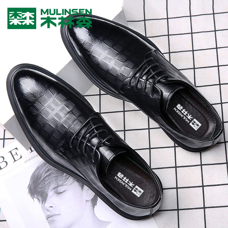 Wood Linson Leather Shoes Men's Spring New Business Positive Dress Wedding Groom Shoes Korean version Inren Soft Bottom genuine leather casual shoes