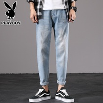 Flowers Playboy Broken Cave Jeans Male Trend Korean Version 100 Lap Fall Pants Men Light Blue Denim 90% Pants