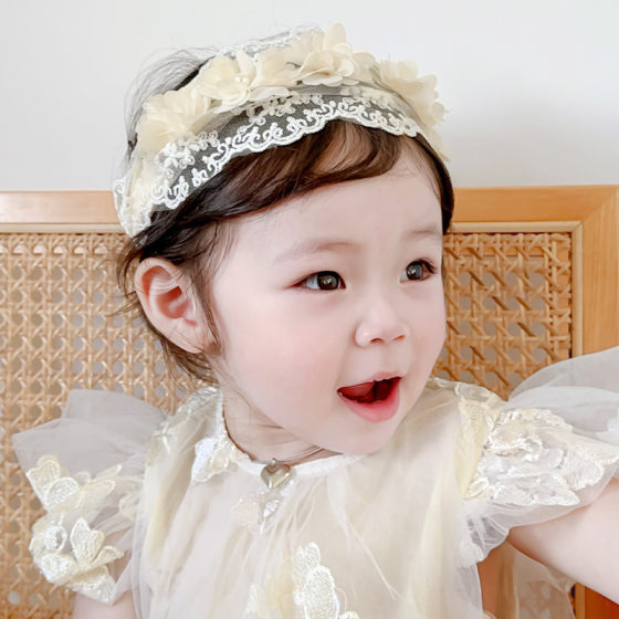 夏季婴儿护囟门帽发带蕾丝花朵女宝宝头饰新生薄款公主头花防受凉