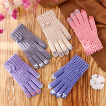 Childrens touch screen gloves cute plus velvet thickened knitted wool five fingers warm in winter