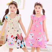 Summer childrens cotton silk nightgown girl artificial cotton dress cotton silk short sleeve cute girl child pajamas home clothes