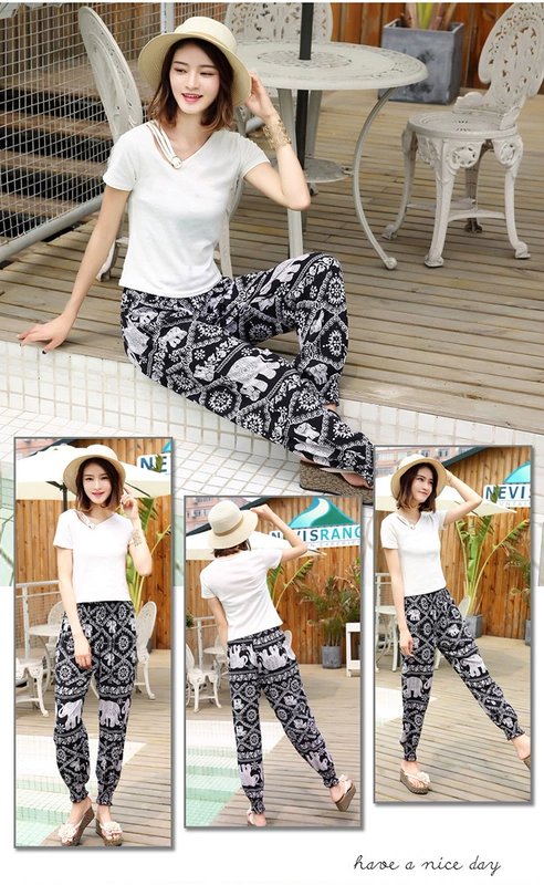 Cotton lụa quần pajama Thái Lan bên bờ biển kỳ nghỉ lỏng đèn lồng của phụ nữ quần mùa hè chín điểm quần kích thước lớn nhân tạo bông muỗi quần