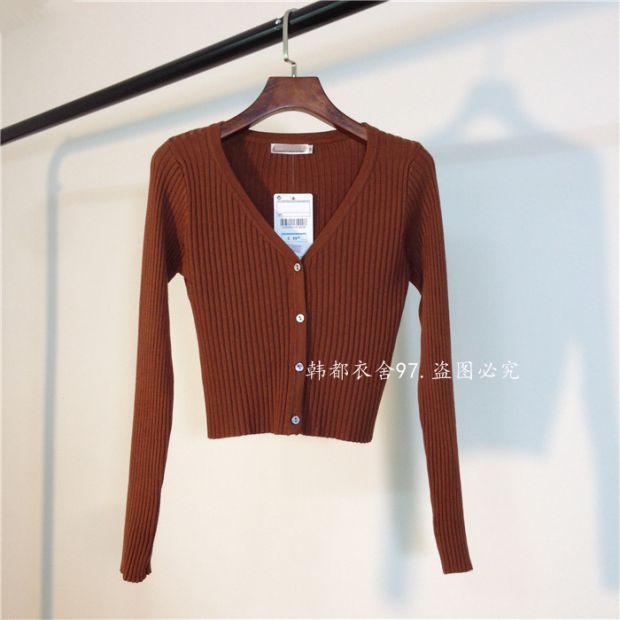 Mùa xuân V-cổ pit sọc áo len ngắn tay của phụ nữ áo choàng len mỏng giảm béo eo cao áo khoác nữ áo khoác cardigan nữ