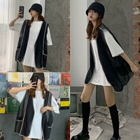 Kích thước lớn của phụ nữ chất béo mm khâu thiết kế lỏng áo khoác không tay áo khoác cardigan + áo thun ngắn tay hoang dã phù hợp với phụ nữ - Bộ đồ đồ mặc nhà cao cấp