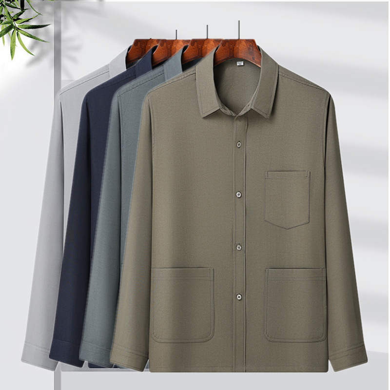 Middle-Aged and Elderly Men's Long-Sleeved Shirts, Thin Summer Wear for Dads, Loose-Fitting Large Size Tops for Seniors, Multi-Pocket Shirts for Grandfathers