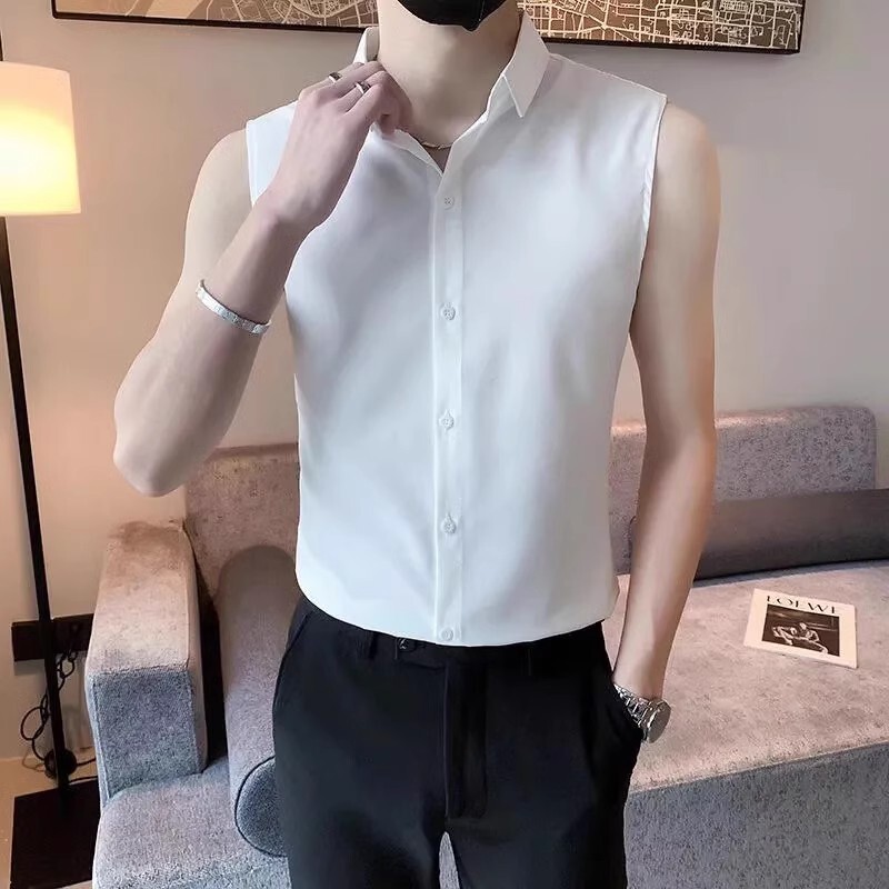 High-End Ice Silk Sleeveless Shirt Vest for Men, Summer Cool and Stylish, Trendy Brand Casual Thin Vest Shirt