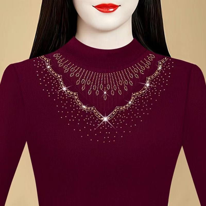 High-End Spring and Autumn Thin New Style Fashionable Slimming Versatile Long-Sleeved Top with Lace Hollow-Out and Fleece Lining