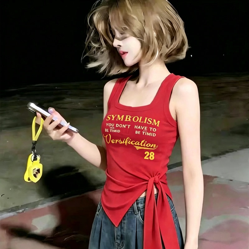Beautiful Red Camisole for Women to Wear Outside in Summer, with Irregular Straps, New Style Sleeveless Letter Print T-Shirt Top