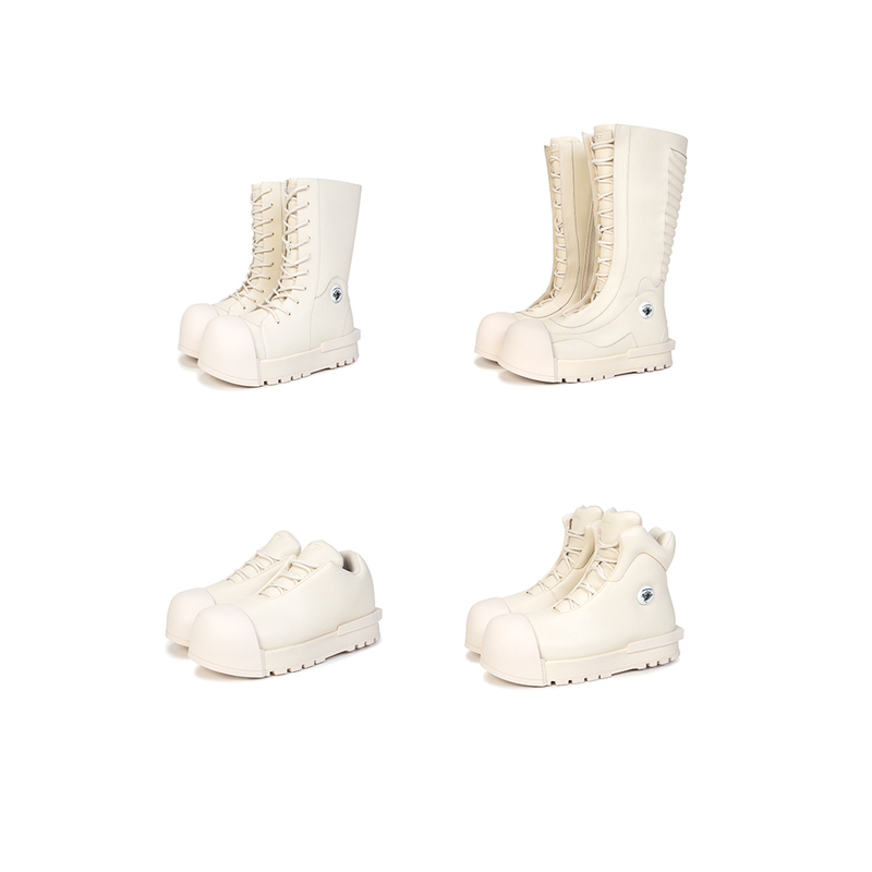 R/F White Architectural Round-Toe Combat Boots White Thick-Soled Boots