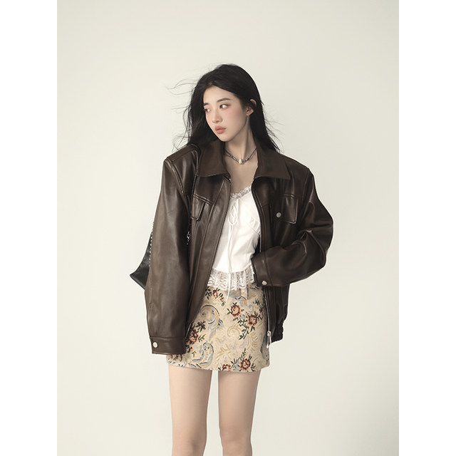 2toyoung cool girl tone retro coffee color leather jacket female spring small short leather jacket top