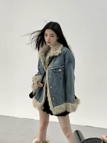 Флисовая джинсовая стеганая утепленная куртка