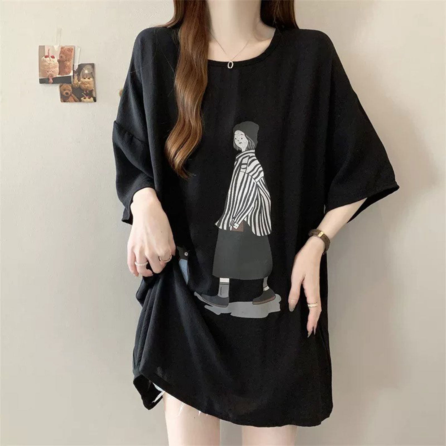 欧货大版洋气减龄黑色短袖T恤女2026夏季大码胖mm中长款百搭上衣