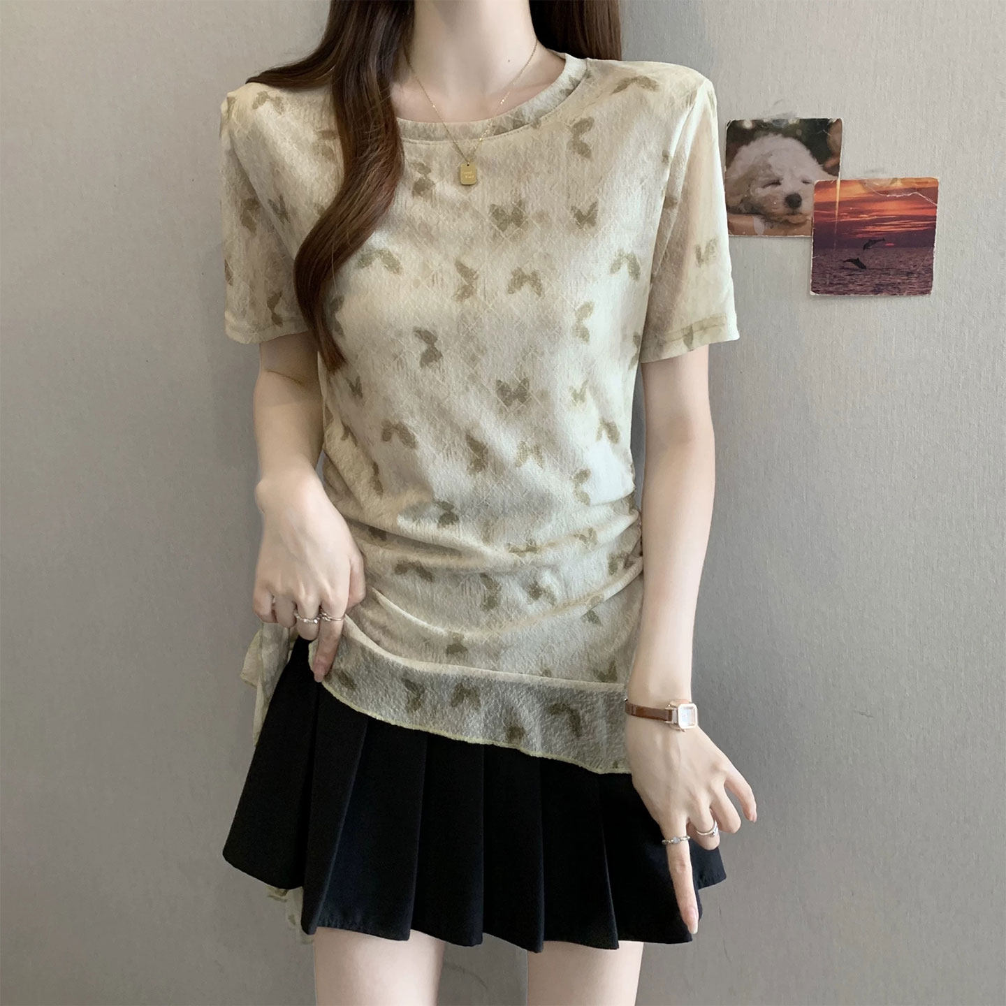 蝴蝶扎染正肩短袖T恤女2026夏季大码胖mm减龄炸街不规则小衫上衣