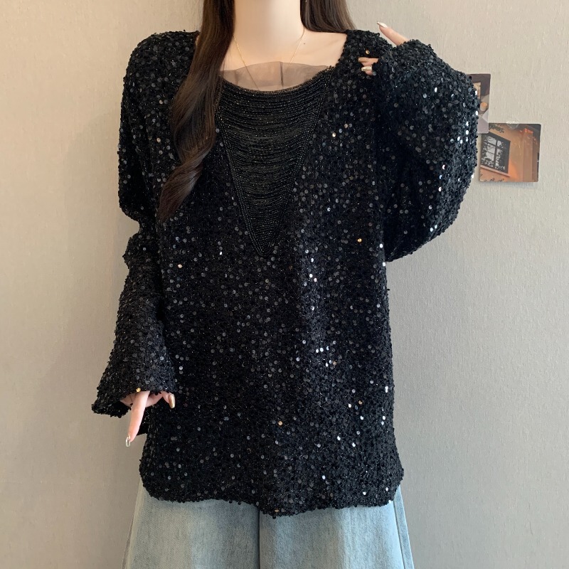 High-End Black Shiny Long-Sleeved T-Shirt for Women 2026 Early Spring Plus Size Plus-Size Sequined Stylish Chic Top High-End Black Shiny Long-Sleeved T-Shirt for Women 2026 Early Spring Plus Size Plus-Size Sequined Stylish Chic Top