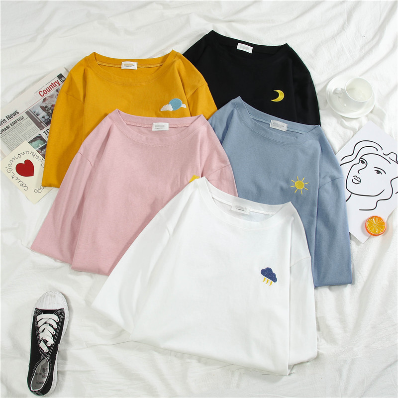 VK旗艦店 韓系寬鬆圖案刺繡防曬衫百搭T恤套頭長袖上衣