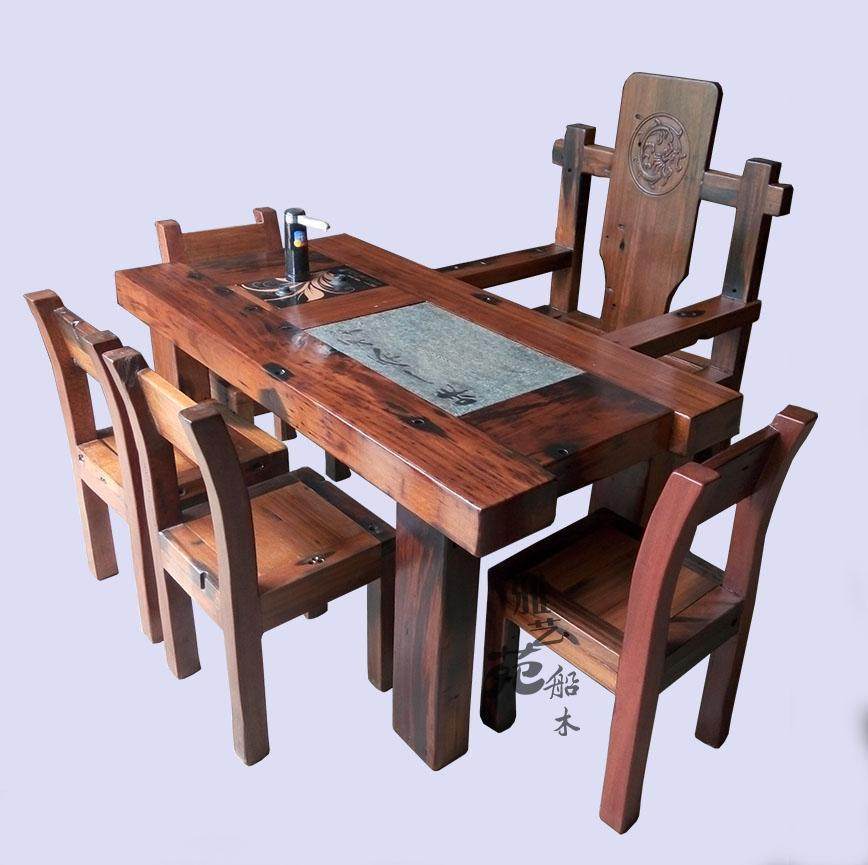 Old boat wood tea table and chair combination Office shop Kung fu tea few living room pure wood household drink tea table