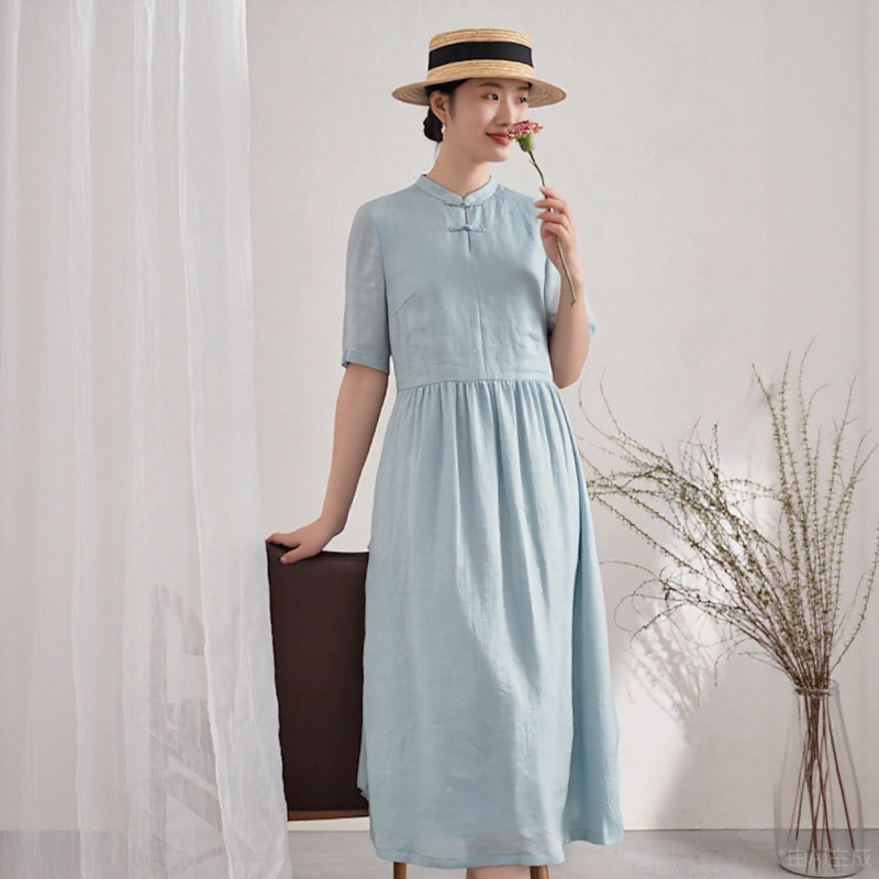 Summer New One-Line Button-Down Short-Sleeved Dress Ramie Elegant Double-Layer Dress Simple Plain Fairy Skirt
