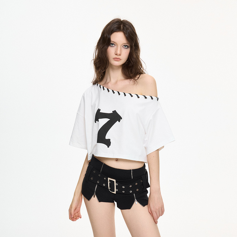 Ae30Saint Digital Print Asymmetrical Neckline T-Shirt with Eyelet Drawstring, Loose Short Style Short Sleeves Ae30Saint Digital Print Asymmetrical Neckline T-Shirt with Eyelet Drawstring, Loose Short Style Short Sleeves