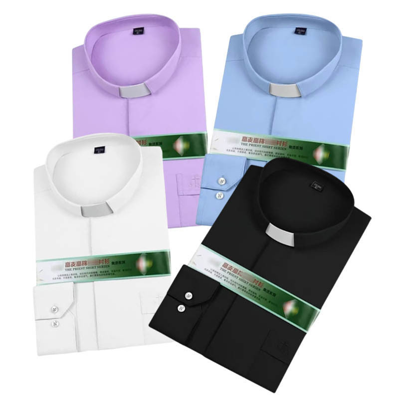 Long-Sleeved Autumn and Winter Shirts, Stand-Up Collar Shepherd Shirts, Roman Collar Shirts, Long and Short-Sleeved Shirts for All Seasons, Available in Four Colors, Free Collar Card Included