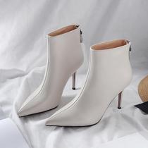 Beige booties womens pointed boots spring and autumn rear zipper stiletto heel 8 cm Martin boots new versatile thin