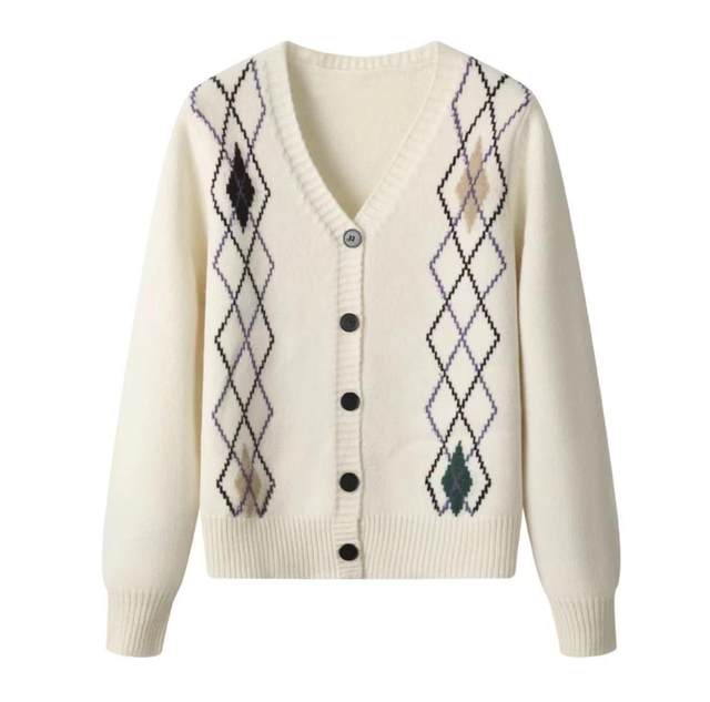 Xiangyongzi diamond jacquard V-neck knitted cardigan sweater jacket for women spring and autumn loose