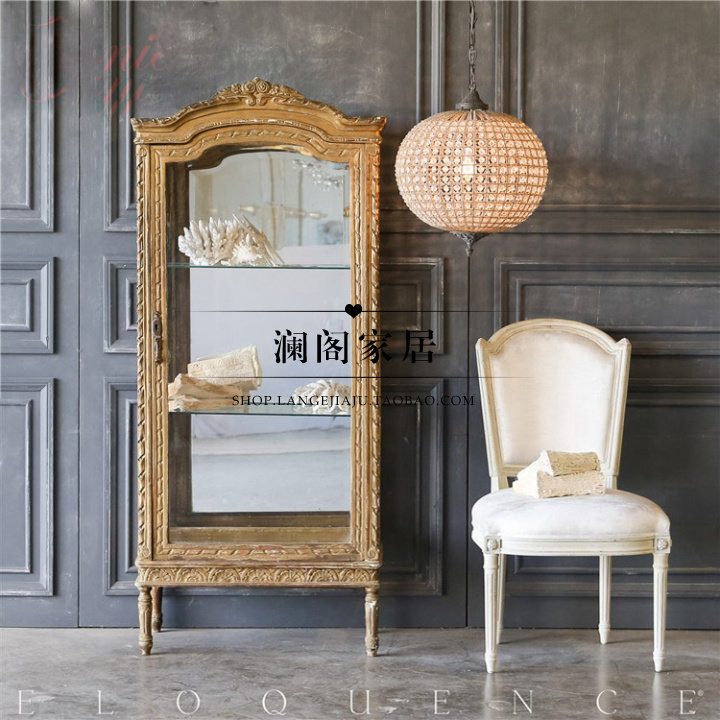 French solid wood carved antique glass wine cabinet American solid wood vintage old dining cabinet Display cabinet Storage cabinet