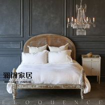 European solid wood carved retro distressed double bed French all solid wood neoclassical rattan bed wedding bed princess bed
