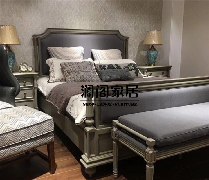 American solid wood bed 1 5 meters 1 8 light luxury bed Nordic double bed French Retro superior Gray master bedroom soft package wedding bed