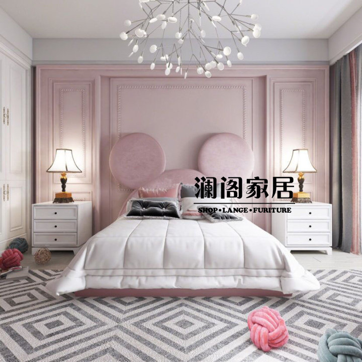 Light luxury Mickey children's storage bed ins wind Pink princess bed Net red Nordic fabric bed Rabbit ear bed