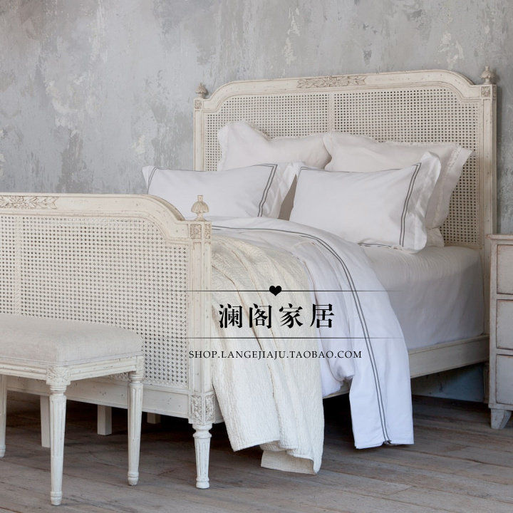 French solid wood carved double bed rattan art bed American vintage old double bed solid wood rattan woven bed wedding bed