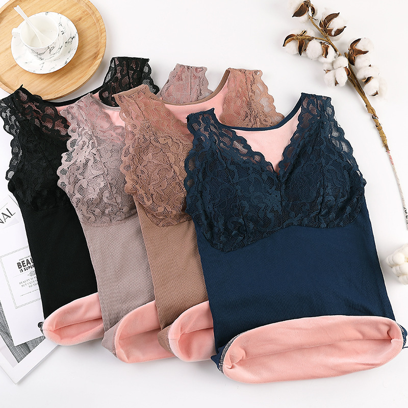 Fleece-Lined, Thickened, Lace-Trimmed, Slim-Fit, V-Neck, Cold-Proof, Sleeveless, Solid Color, No Need for Underwear, with Chest Pads, Warm Vest for Women