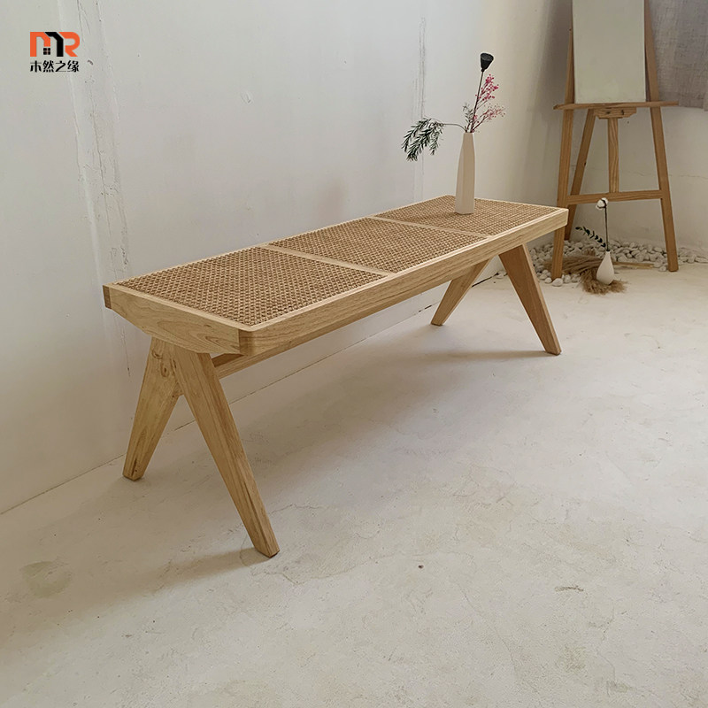 Nordic all solid wood bench home dining table stool long bench door change shoe stool simple modern rattan bed end stool
