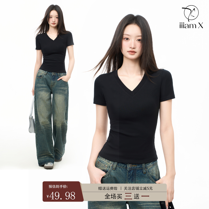 iiiamX 夏用レディース ブラック Vネック 半袖 Tシャツ、スリムフィット、ストレートショルダー ボトムシャツ、純綿トップス、2025年新作