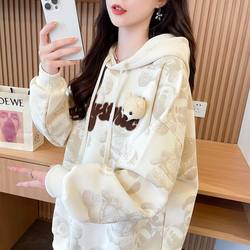 Pure Cotton New Popular Cute Bear Top for Middle and High School Students, Loose Sweatshirt for Older Children, Women's Autumn and Winter Fleece-Lined Hoodie