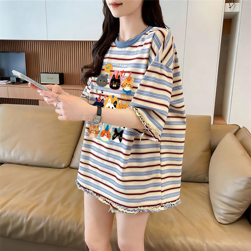 Fun Cartoon Striped Pure Cotton Short-Sleeve T-Shirt for Women, Summer 2026 New American Style, Regular Shoulder, Loose Fit, Age-Reducing Top, Trendy