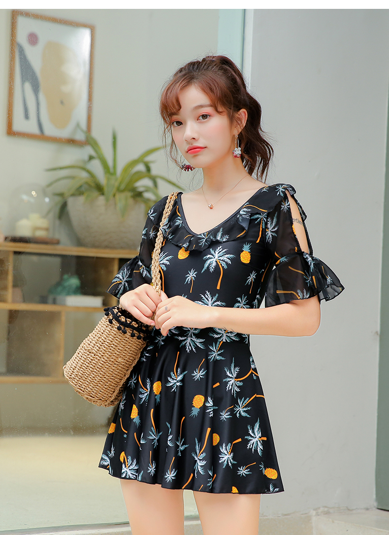 Áo tắm nữ bảo thủ che bụng mỏng góc phẳng tụ tập váy một mảnh đen đỏ Hàn Quốc bong bóng bơi suối nước nóng - Bộ đồ bơi One Piece áo tắm nữ liền thân